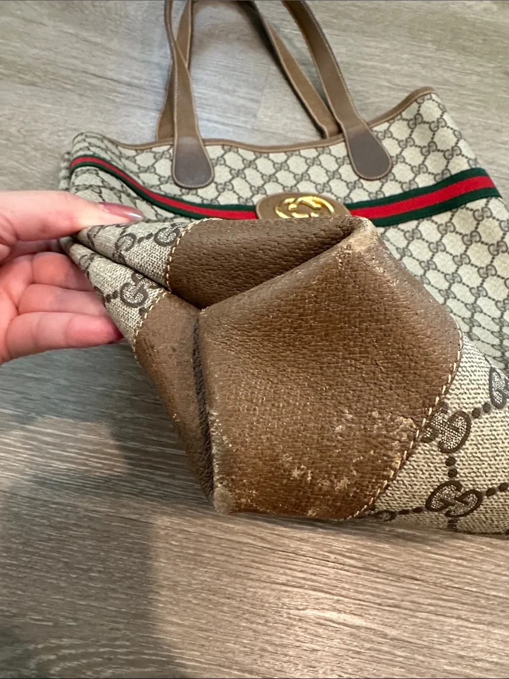 Gucci Beige Brown GG Supreme Tote with Green-Red Web Stripe